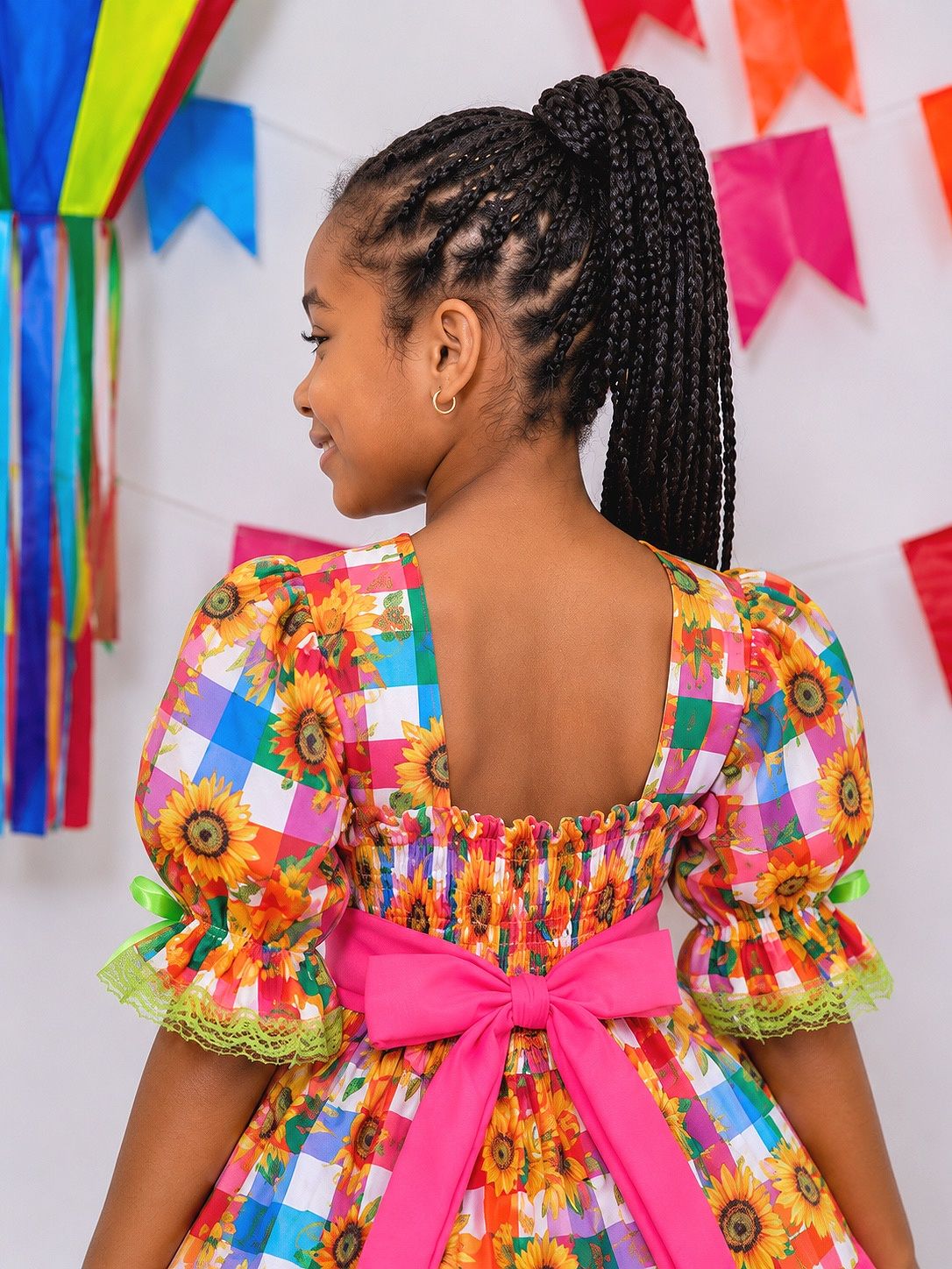 Vestido Infantil Junino Arraiá Colorido Girassol Luxo