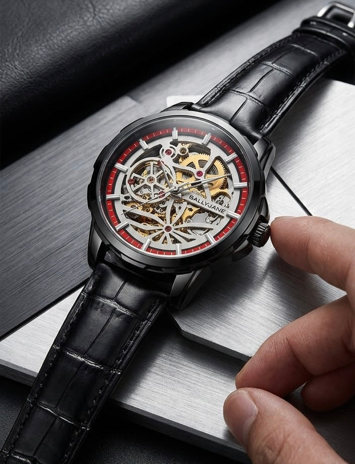 Relógio Masculino Automático Skeleton Pallyjane Transparente Pulseira De Couro⁠