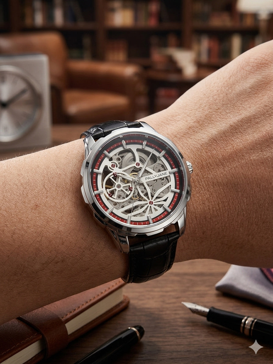 Relógio Masculino Automático Skeleton Pallyjane Transparente Pulseira De Couro⁠