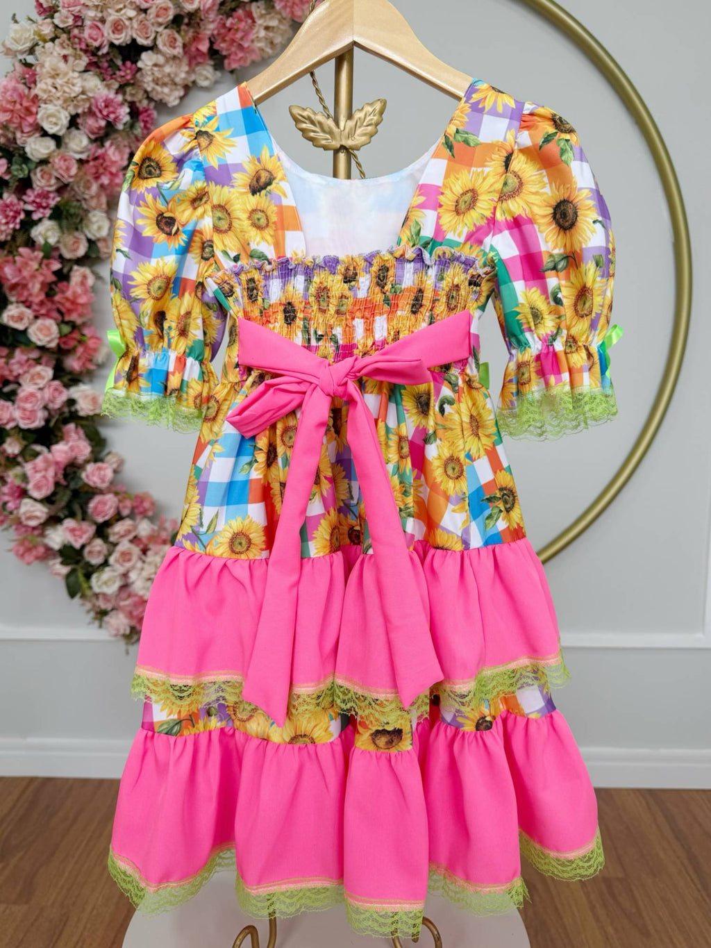 Vestido Infantil Junino Arraiá Colorido Girassol Luxo
