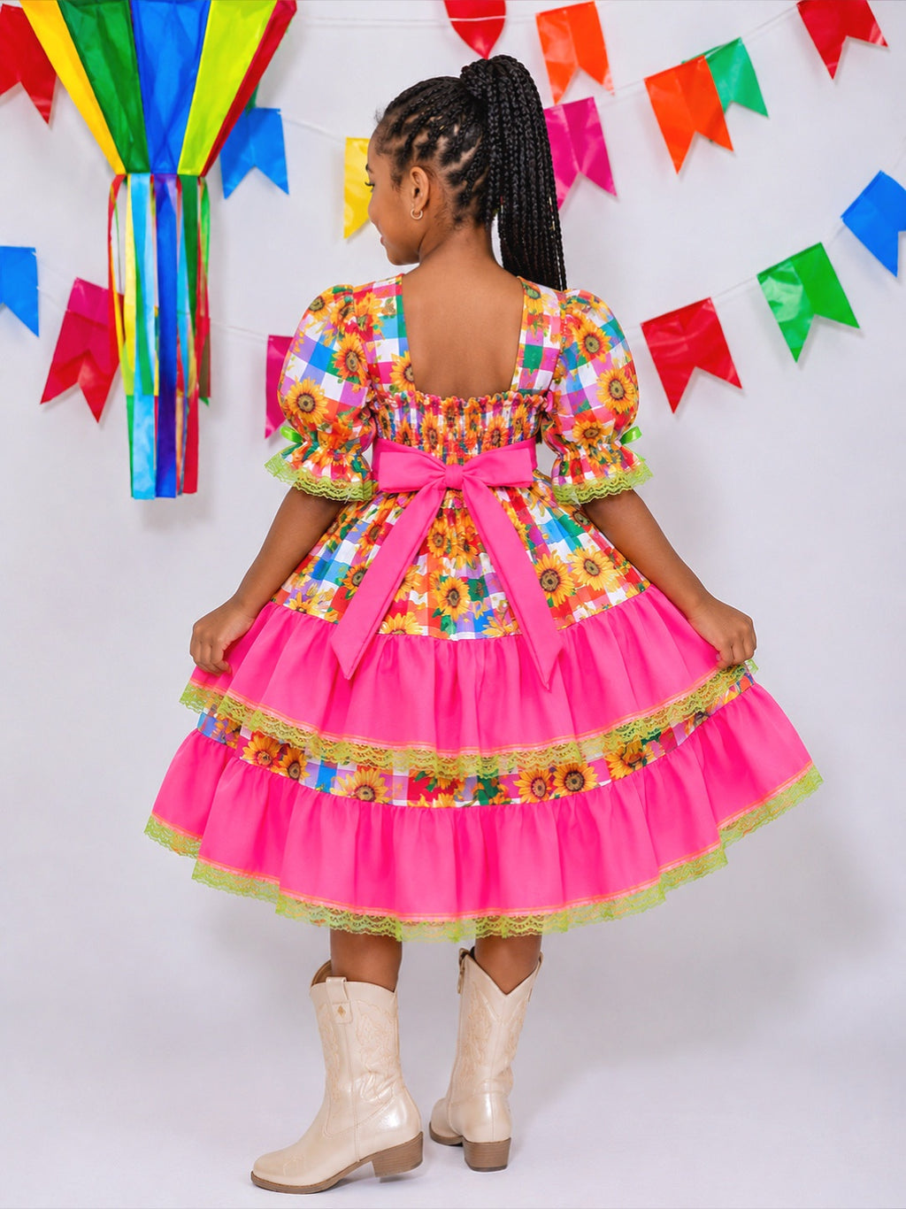 Vestido Infantil Junino Arraiá Colorido Girassol Luxo