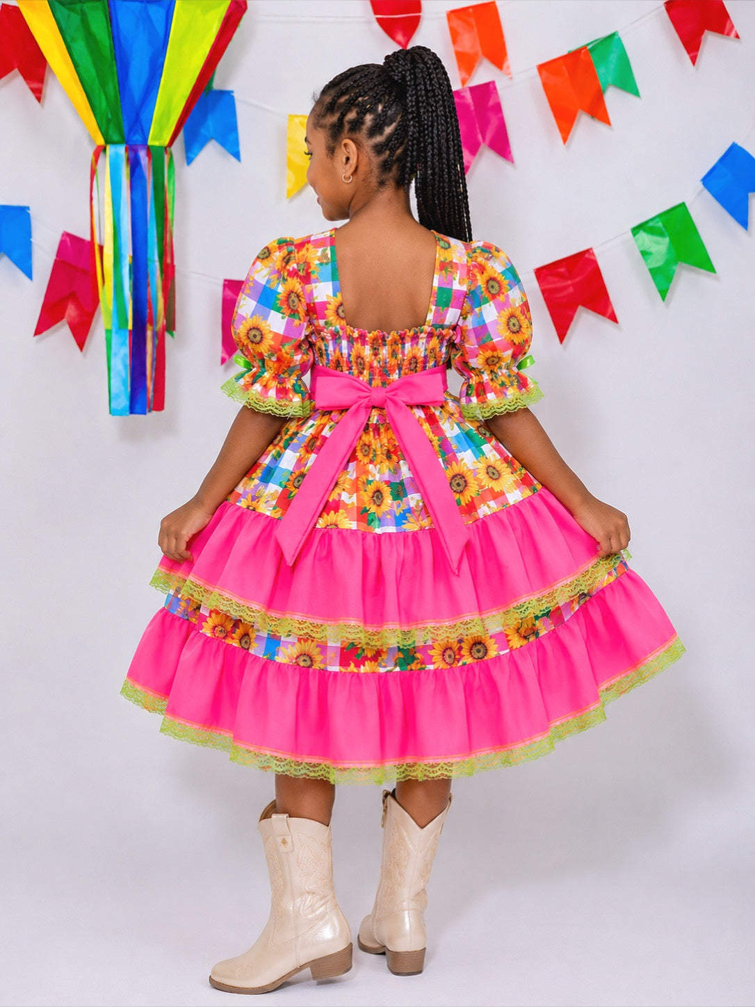 Vestido Infantil Junino Arraiá Colorido Girassol Luxo